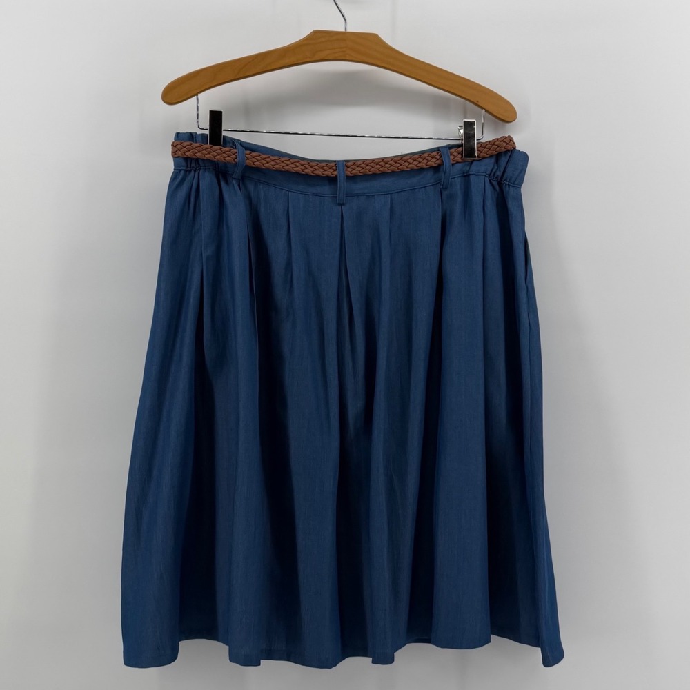 ModCloth Lyocell Chambray Midi Skirt Women XL Blue Button Front Belted MSW1791 - Picture 2 of 8
